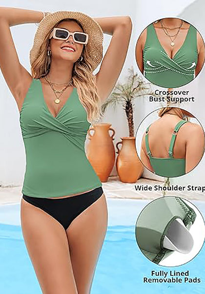 Tankini Tops for Women Deep V Neck Front Ruched  Swimwear with Adjustable Wide Straps