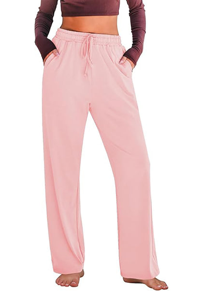 Pink Women's Casual Elastic Waist Full Length Relaxed Fit Stretch Wide Leg Pants Side Pocket