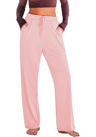 Pink Women's Casual Elastic Waist Full Length Relaxed Fit Stretch Wide Leg Pants Side Pocket