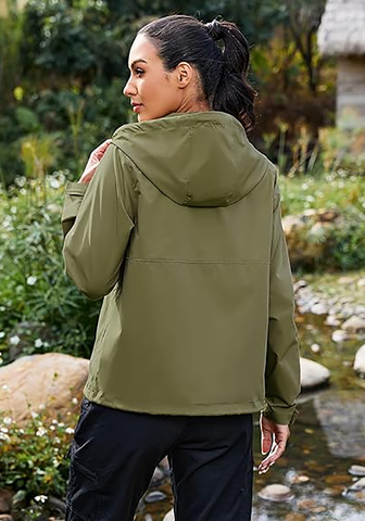 LookbookStore Women Army Green Waterproof Lightweight Rain Jacket Hooded Windbreaker Drawstring Zip Rain Coat for Hiking Outdoor Travel