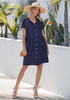 LookbookStore Women's Navy Blue Summer Casual Linen Babydoll Dress V Neck Short Sleeve Button Down Above Knee with Pockets