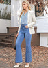Medium Blue Women's High Waisted Flared Jeans Rhinestone Side Stripes Comfort Stretch Functional Pockets