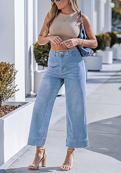Women's High Waisted Wide Leg Cropped Denim Pants Rolled Cuff Casual Daily Wear Versatile Styling