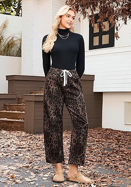 Women's Leopard Print Wide Leg Pants with Drawstring Elastic Waist Casual Loose Trousers for Summer Lounge & Vacation