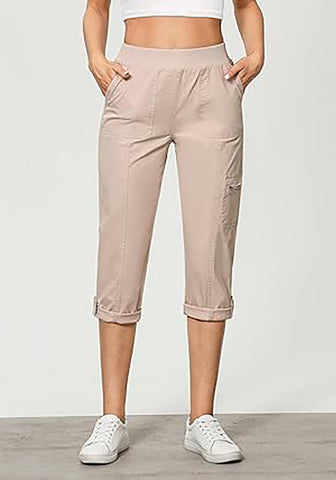 Pioneer Beige Women Waist High Waist Slight Stretch Capri Elastic Wais