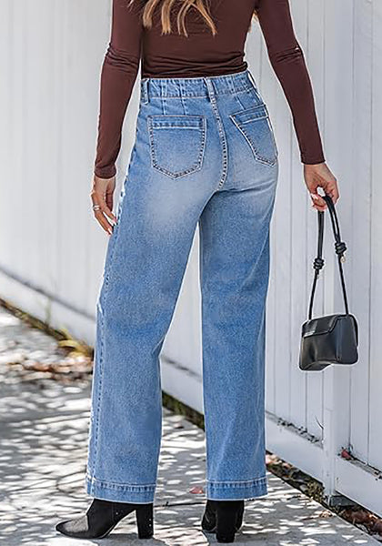 Medium Blue Women's High Waisted Wide Leg Jeans with Comfort Stretch and Functional Pockets