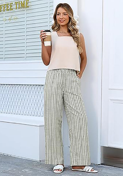 Women’s Striped Wide Leg Pants Causal Elastic High Waist Full Length Trousers with Pockets