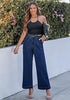Darkness Blue Cropped Wide Leg High Waisted Drawstring Denim Jeans For Women