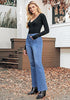 Medium Blue Women's High Waisted Flared Jeans Rhinestone Side Stripes Comfort Stretch Functional Pockets