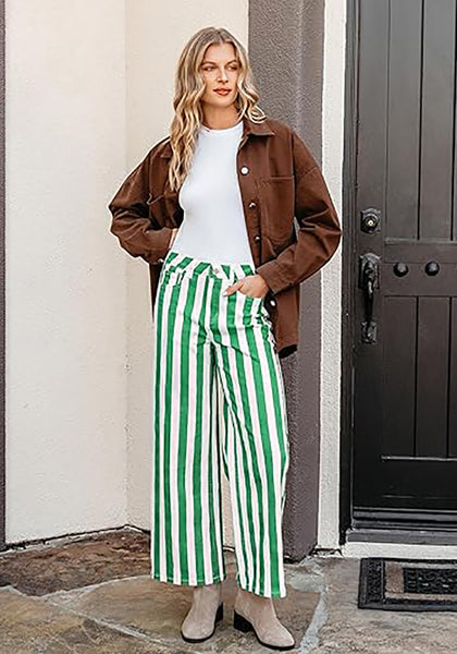 Women's Fashion High Waist Wide Leg Loose Fit Green White Striped Denim Jeans