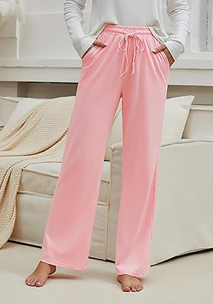 Pink Women's Casual Elastic Waist Full Length Relaxed Fit Stretch Wide Leg Pants Side Pocket