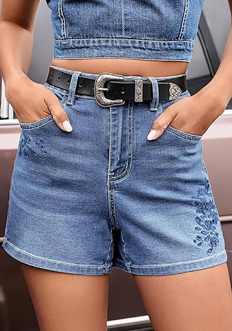 LookbookStore Women Bay Blue High Waist Eyelet Embroidered Wide Leg Denim Shorts Stretchy Summer Mid Thigh Jean Shorts