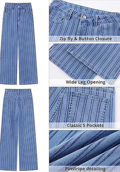 High Waisted Striped Wide Leg Jeans for Women Vintage Denim Loose Fit Casual Pants