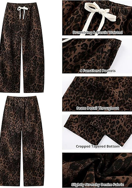 Women's Leopard Print Wide Leg Pants with Drawstring Elastic Waist Casual Loose Trousers for Summer Lounge & Vacation