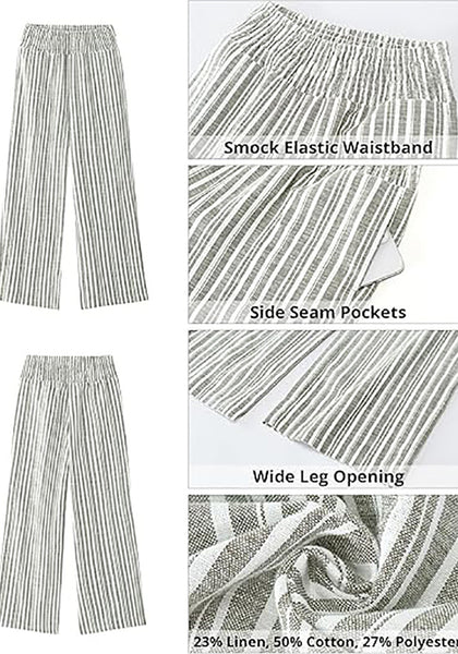 Women’s Striped Wide Leg Pants Causal Elastic High Waist Full Length Trousers with Pockets