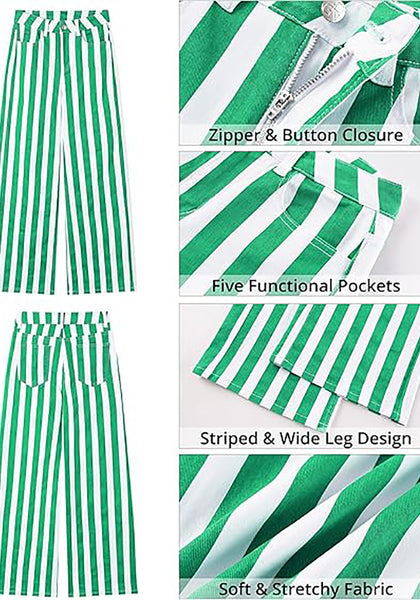 Women's Fashion High Waist Wide Leg Loose Fit Green White Striped Denim Jeans