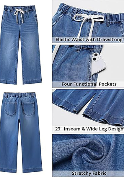 Casual Capri Jeans for Women Wide Leg Elastic Drawstring Waist Cropped Denim Trousers