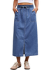 LookbookStore Women Medium Blue High Waist Jean Midi Skirt Elastic Drawstring Denim Long Skirt with Pockets Front Split Design