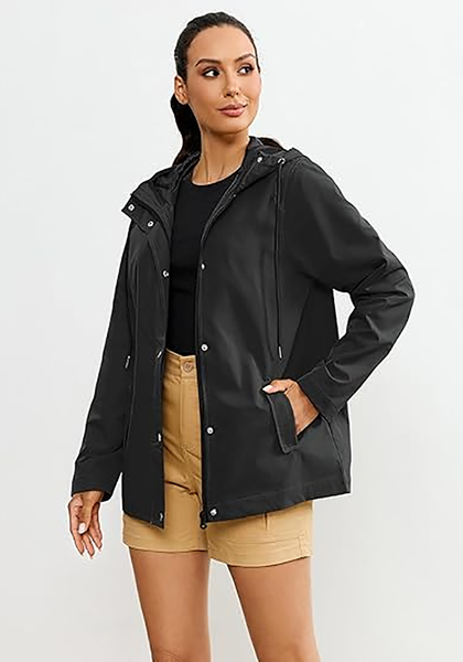 LookbookStore Women's Black Waterproof Lightweight Rain Jacket, Adjustable Hood Windbreaker Rain Coat for Hiking & Travel