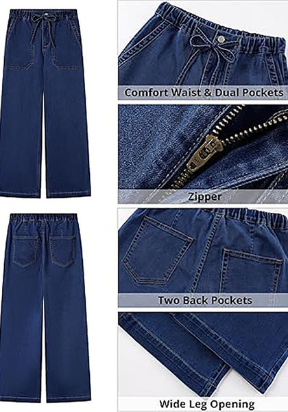 Darkness Blue Cropped Wide Leg High Waisted Drawstring Denim Jeans For Women