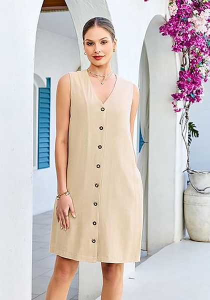 LookbookStore Women's Beige Knee Length Linen Dress – Sleeveless V Neck Button Down, Self Tie Waist & Side Pockets