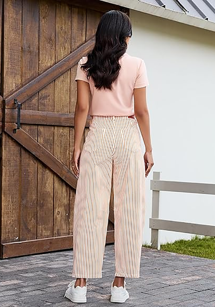 LookbookStore Women's Orange Trendy Barrel Jeans Baggy Wide Leg Pinstripe High Waisted Cropped Stretchy Denim Pants