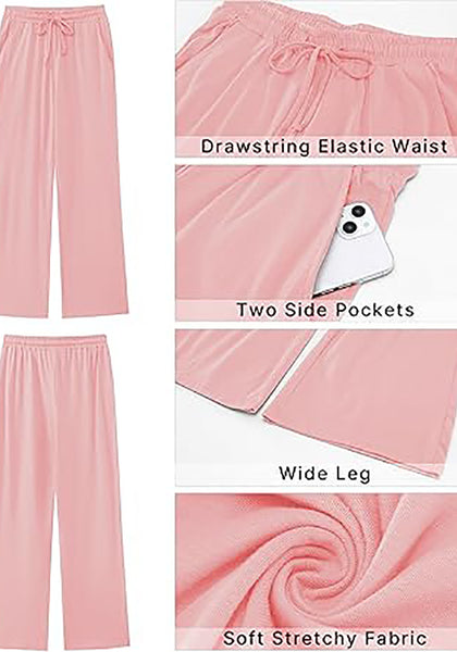 Pink Women's Casual Elastic Waist Full Length Relaxed Fit Stretch Wide Leg Pants Side Pocket