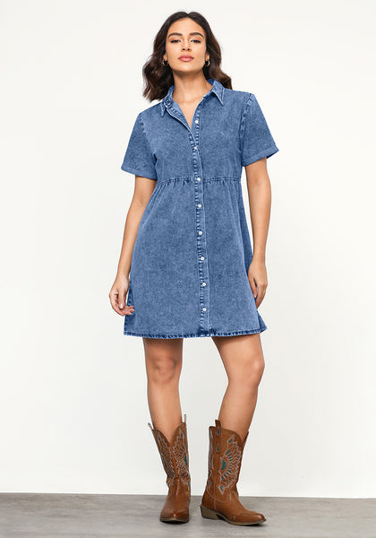 Medium Blue Women's Short Sleeve Button Down Flowy Tiered Babydoll Denim Dress