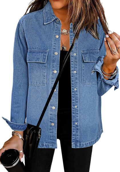 Medium Blue Women's Brief Oversized Denim Button Down Long Sleeve  Pocket Jacket
