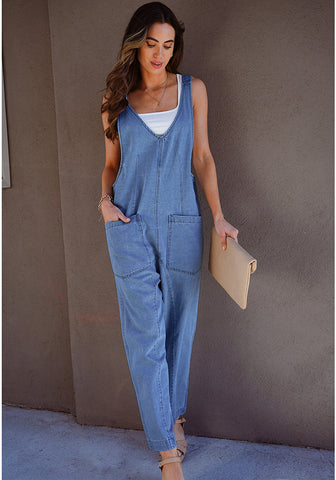 Medium Blue Women's Casual Denim Low Scoop Neckline Jumpsuits With Adjustable Shoulder Pocket Cropped Overalls