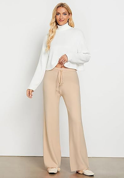 Beige Women's Full-Length Wide Leg Stretch Casual Pants Elastic Waist Relaxed Fit