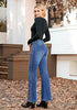 Classic Blue Women's High Waisted Flared Jeans Rhinestone Side Stripes Comfort Stretch Functional Pockets