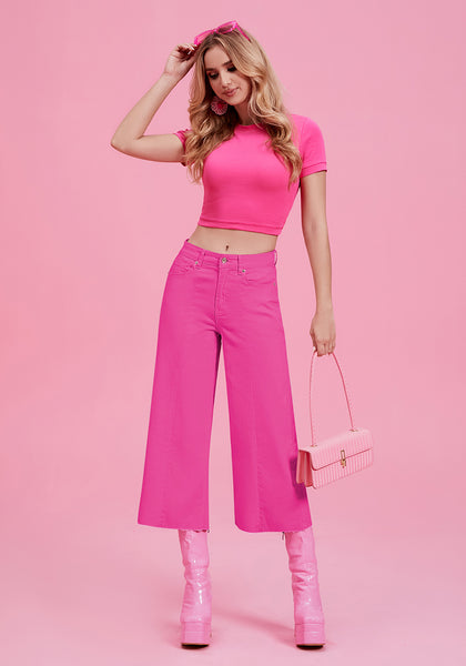 Hot Pink Women's High Waisted Denim Capri Pants Seamed Front Raw Hem