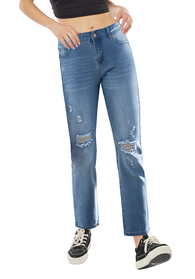 Medium Blue Women's High Waisted Straight Leg Distressed Denim