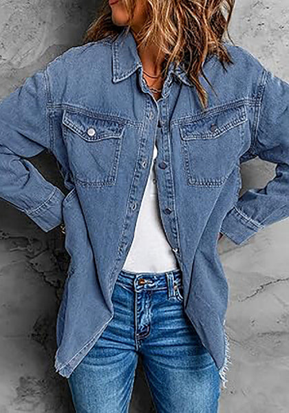 Medium Blue Button Down Tunic Denim Shirt Jacket