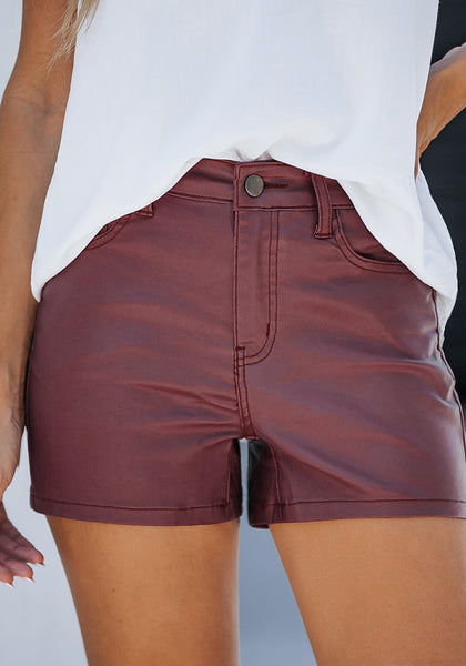 Burgundy Women's Comfy High Waisted Stretchy Faux Leather Denim Pants Shorts