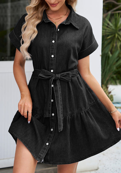 Soft Black Women's Flowy Short Sleeve Button Down Denim Dress with Belt