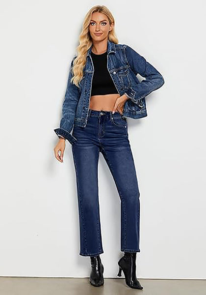 Dark Blue Women's High Waist Jean Regular Fit Slight Stretch Straight Leg Ankle Length Pants