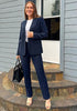 Navy Blue Women's Blazer Set Business Casual Full Fit Blazer Jackets and Straight Pant Suits with Pockets