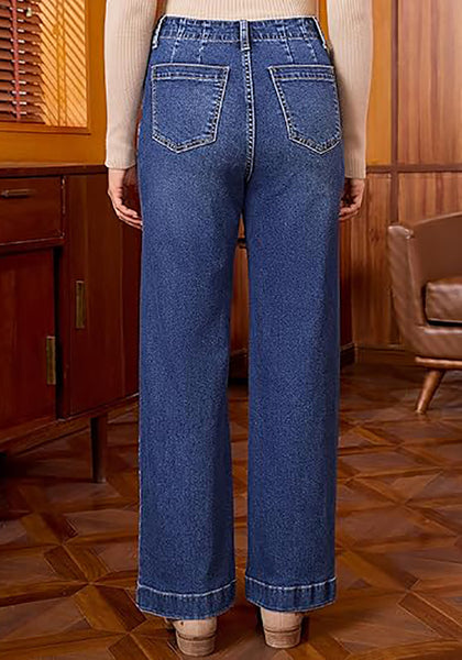 Dark Atlantic Blue Women's High Waisted Wide Leg Jeans with Comfort Stretch and Functional Pockets