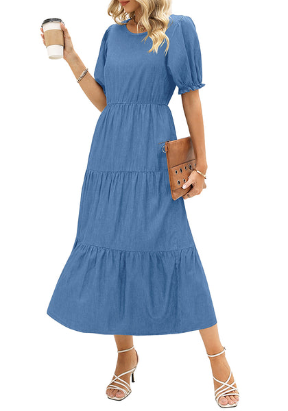 Cool Blue Women's A-Line Elastic Waist Midi Dresses Puff Sleeve Denim Dress