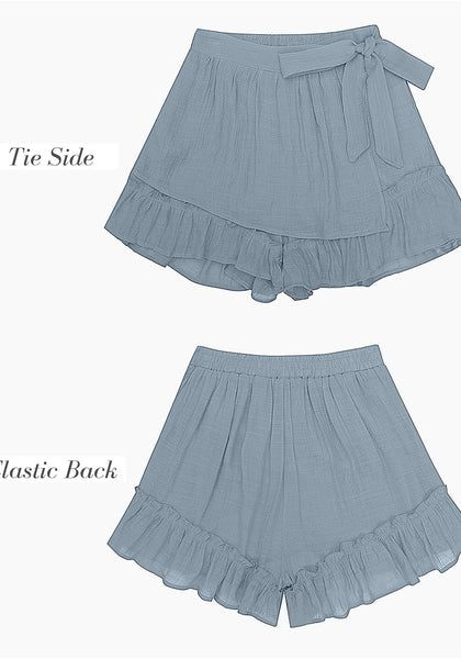 Blue Gray Women's High Waisted Ruffle Skort Elastic Waist Casual Shorts