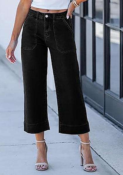 Washed Black Women's Cropped High Rise Denim Pull On Retro Wide Leg Jeans