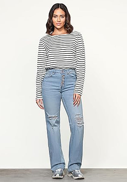 Seaside Blue High Waisted Ripped Flare Jeans for Women Distressed Bell Bottom Jeans Wide Leg Pants