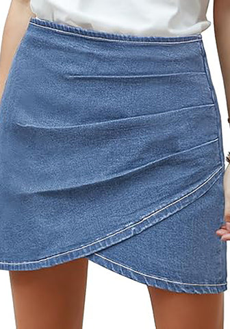 Medium Blue Tulip Ruched Denim Mini Skirt