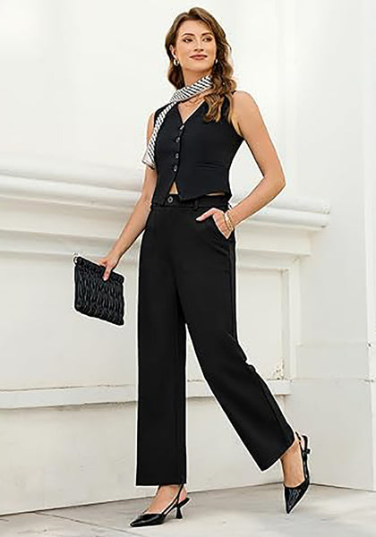Women's High Waisted Wide Leg Soft Twill Pants Relaxed Fit Patch Pocket Trousers