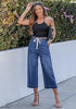 Casual Capri Jeans for Women Wide Leg Elastic Drawstring Waist Cropped Denim Trousers