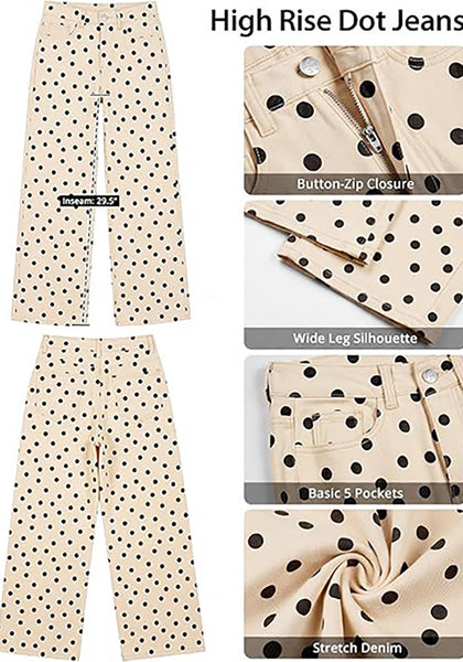 LookbookStore Wide Leg Jeans for Women High Waisted Polka Dot Stretch Denim Pants | Polka Dot, 90s Baggy Straight, High Rise, 29.5 Inch Inseam, Stretchy Jean Pants, Classic 5 Pockets, Business Casual Outfits