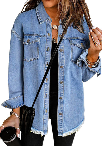 Wave Blue Button Down Tunic Denim Shirt Jacket