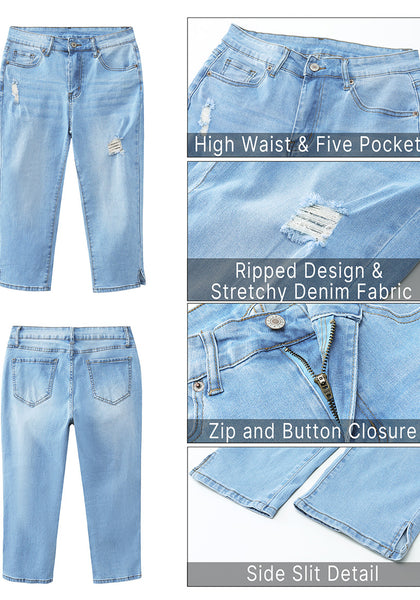 Lakeside Blue Women's High Waisted Skinny Ripped Denim Jeans Distressed Capris Pants